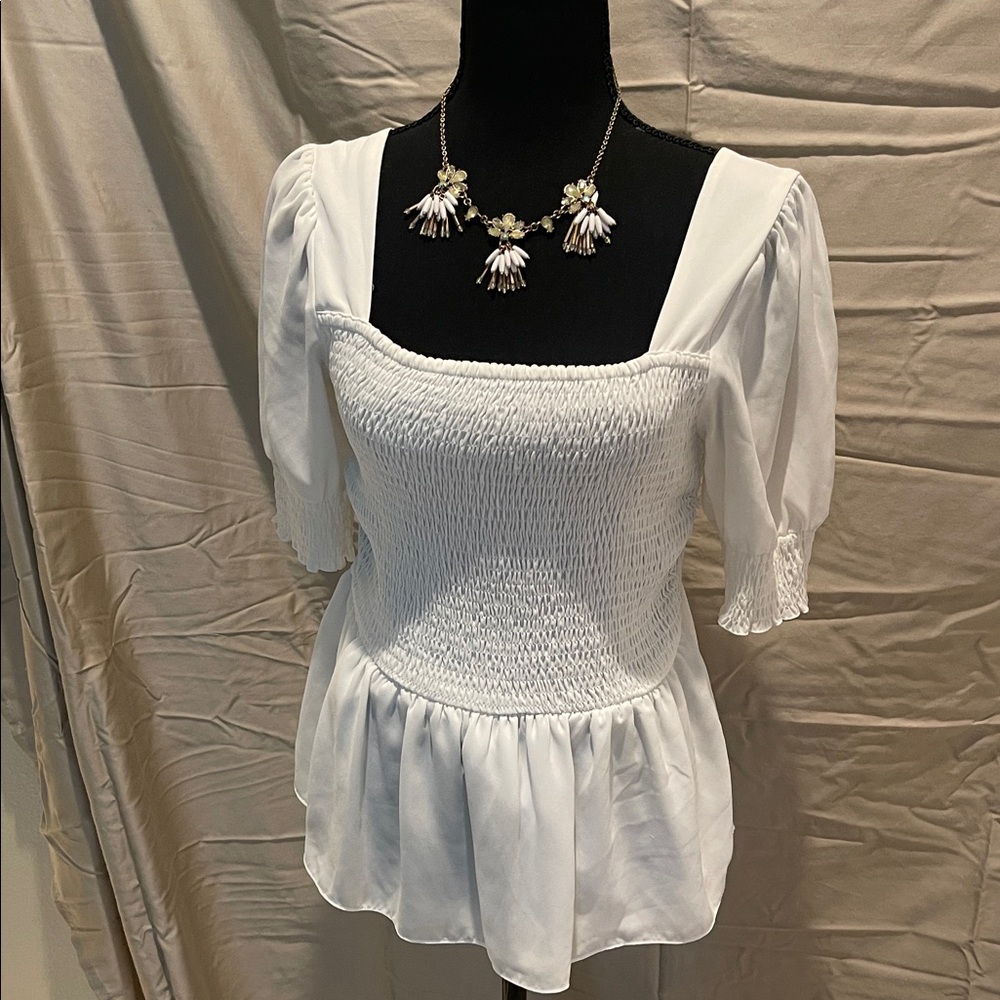 Nine West White Smocked Blouse